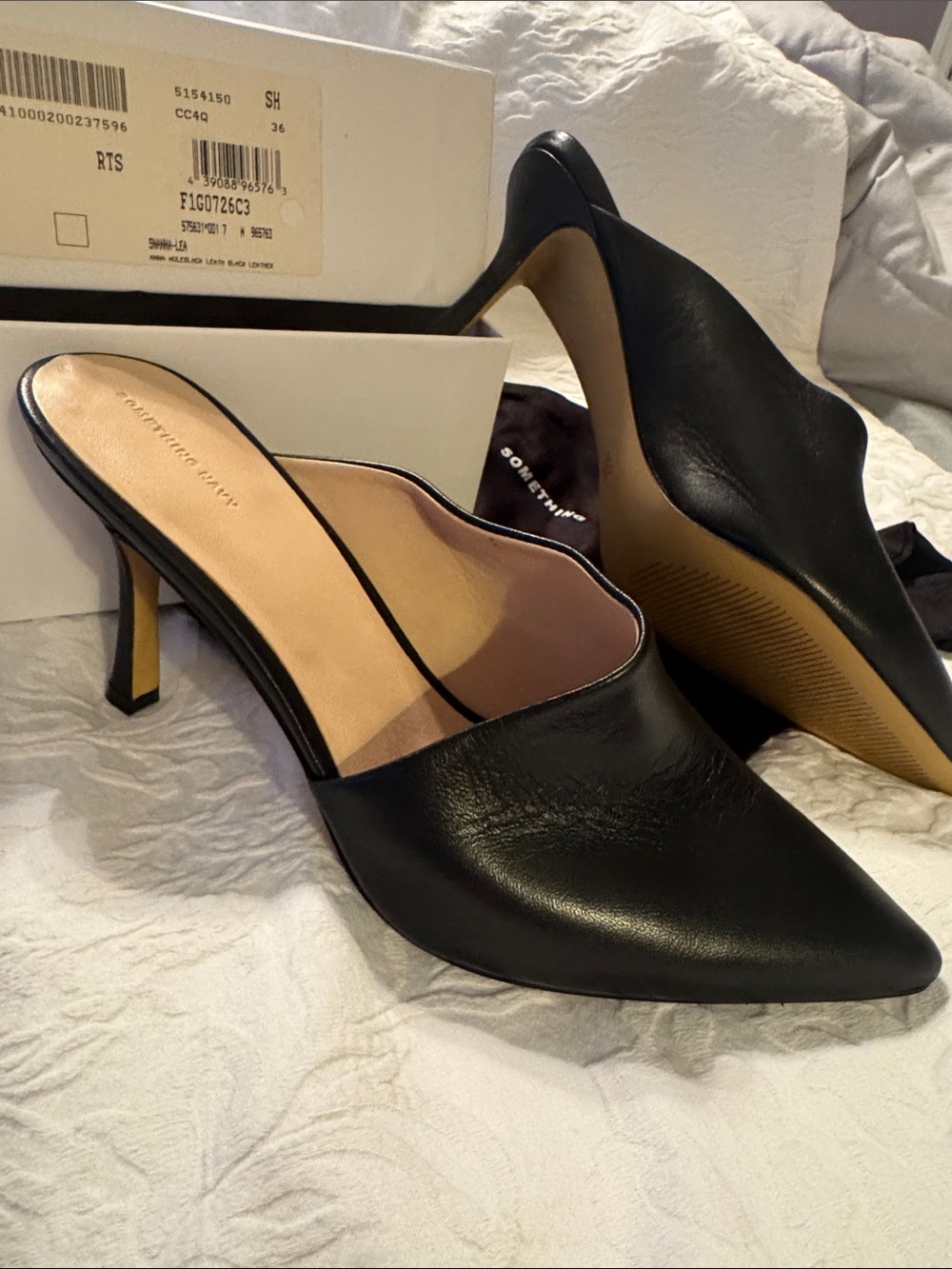 Something Navy Black Pointed Toe Leather Mule Heels